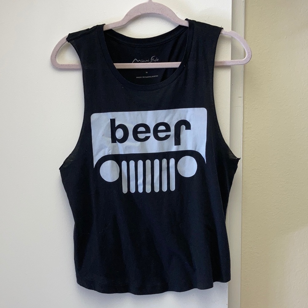 Black womens muscle tank. Beer/Jeep logo